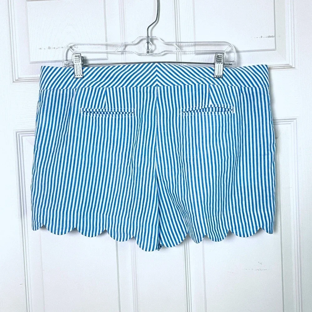 Scalloped Seersucker Shorts Women 12P Striped Blue White Cotton Preppy Coastal